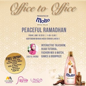 Peaceful Ramadhan with Molto. Alhamdulillah di Ramadhan ini bisa semakin produktif bareng @moltoindonesia bersama @laiqamagazine @hijup & Bank Mega Syariah. Sampai ketemu ya siang ini di acara Office to Office #HijabStylebyMolto #ClozetteId #Ramadhan1436H