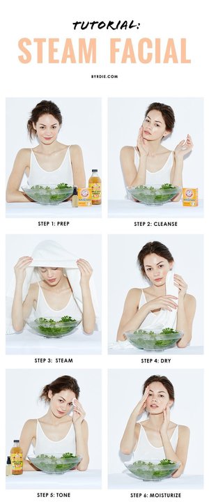 Tutorial Facial Steam at home:You’ll need baking soda, apple cider vinegar, and some herbs to add to your steam.More: http://www.byrdie.com/diy-steam-facial-how-to/