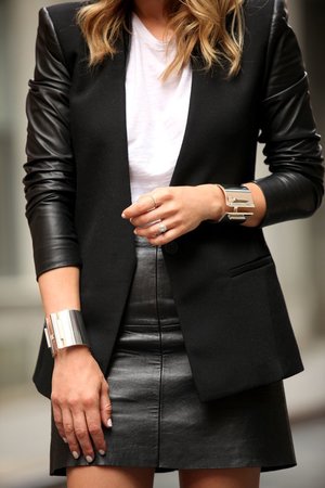Chic Black: black blazer + black leather skirt
