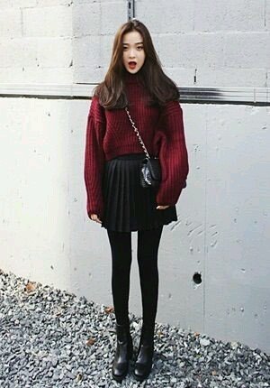 Korean style. Maroon sweater + black leather skirt.