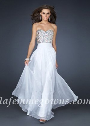  Size: Standard Size or Custom Made Size
Closure: Side Zipper, Manual Bow Tie Back 
Details: Jewel Encrusted Bodice, Layered Skirt 
Fabric: Poly Chiffon 
Length: Floor Length 
Neckline: Strapless Sweetheart 
Waistline: Empire Waist 
Color: White
Tag: White, Long, Sequin, Strapless, Prom Dresses, La Femme 17498