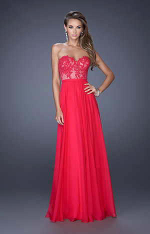 Sweetheart gown with a gathered chiffon skirt. The bodice is covered in lace and small matching jewels for an added shimmer. Back zipper closure.

Length:Full Length;
Style:A Line,Strapless.Sequin
Event:Prom,Homecoming,Evening
Tag: Prom Dresses, Formal Evening Dresses, La Femme 20393