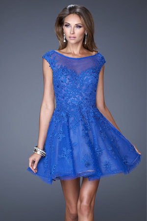 Elaborate tulle and lace cocktail dress with sheer polka dot scoop neckline panel. This dress has an oversized back keyhole closure and a back zipper.

Size: Standard Size or Custom Made Size
Closure: Keyhole
Details: Embroidery, Cap Sleeves, Lace Overlay
Fabric: Lace, Tulle
Length: Short
Neckline: Sweetheart
Waistline: Empire
Color: Electric Blue
Tag: Electric Blue, Short, A-line, Cocktail Dresses, La Femme 20591