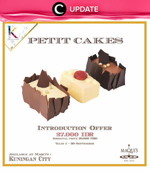 Enjoy introduction offer for Petit Cakes at Maqui's dari Rp38.000 menjadi Rp27.000! Promo ini berlaku hingga 30 September 2016 di Maqui's Kuningan City. Jangan lewatkan info seputar acara dan promo dari brand/store lainnya di Updates section.
