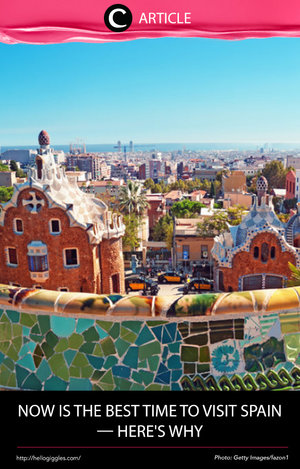 Setiap negara punya waktu terbaik untuk dikunjungi, dan sekarang adalah waktu terbaik untuk mengunjungi Spanyol! Baca alasan dan penjelasannya di http://bit.ly/2oDQ2EE. Simak juga artikel menarik lainnya di Article Section pada Clozette App.