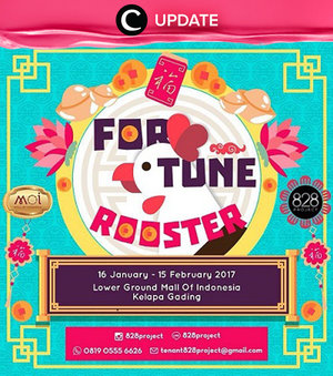 Jangan sampai kelewatan Fortune Rooster Bazaar di Lower Ground Mall of Indonesia tanggal 16 Januari - 15 Februari 2017! Belanja hemat dan penuh untung! Jangan lewatkan info seputar acara dan promo dari brand/store lainnya di Updates section.
