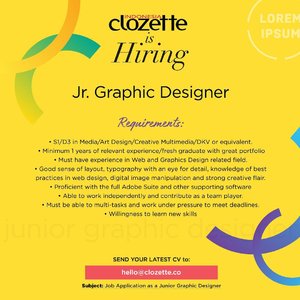 We’re looking for Jr. Graphic Designer to join our creative team! Swipe left for more info.Send your CV via email to hello@clozette.co and tell us why you are the candidate that we are looking for! #ClozetteID