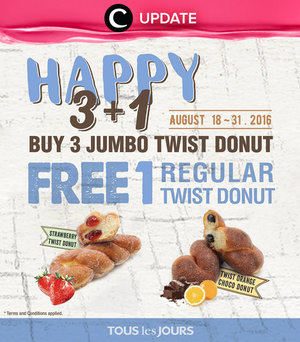 Happy 3+1 di Tous les Jours, beli 3 jumbo twist donut, gratis 1 regular twist donut hingga 31 Agustus 2016. Jangan lewatkan info seputar acara dan promo dari brand/store lainnya di Updates section pada Clozette App.