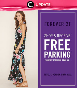 Yuk belanja di Forever 21 dan dapatkan parkir gratis di Pondok Indah Mall 1. Promo ini hanya berlaku hingga 31 Juli 2016. Kunjungi gerai Forever 21 untuk informasi lebih lanjut. Jangan lewatkan info seputar acara dan promo dari brand/store lainnya di Updates section pada Clozette App.