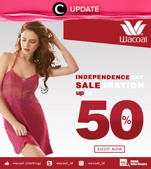 Wacoal independence day salebration discount up to 50% off! Promo ini berlaku hingga 31 Agustus 2016. Jangan lewatkan info seputar acara dan promo dari brand/store lainnya di Updates section pada Clozette App.