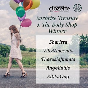 Terima kasih untuk semua yang sudah berpartisipasi dalam Surprise Treasure x The Body Shop, ya. :D Ini dia 5 pemenang yang mendapat voucher senilai 500.000 rupiah dari @thebodyshopindo.
- @sharirrra
- @VillyVincentia
- @theresiajuanita
- @angelintije
- @ribka.ong

Kirim data diri (nama, alamat, no telp, ID Clozette & ID Instagram serta scan KTP) kalian ke hello@clozette.co dengan subyek: "Suprise Treasure The Body Shop Winner" paling lambat 8 September 2016.

Cek terus www.clozette.co.id karena sebentar lagi akan ada surprise treasure menarik lainnya!
#ClozetteID