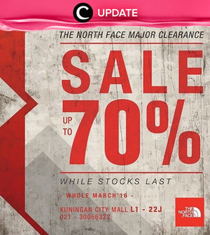 North Face mengadakan sale besar-besaran hingga 70%! Promo ini berlangsung selama bulan Maret 2016 di Kuningan City selama persediaan masih ada. Jangan lewatkan info seputar acara dan promo dari brand/store lainnya di sini http://bit.ly/ClozetteUpdates.