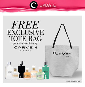Jangan sampai kelewatan promo menarik gratis exclusive tote bag setiap pembelian Carven Perfumes di C&F Perfumery selama persediaan masih ada. Jangan lewatkan info seputar acara dan promo dari brand/store lainnya di Updates section.