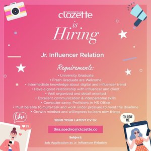 We’re looking for Jr. Influencer Relation!✨ kalau kamu senang dengan tren dan dunia seputar influencer, ini saat yang tepat untuk kamu bergabung menjadi bagian dari Clozette Crew! Kirim CV terbaikmu sekarang❤️ #ClozetteID