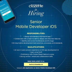 Butuh tantangan baru? Yuk, gabung di Clozette sebagai Senior Mobile Developer iOS. Segera kirim CV terbaru kamu ke tech@clozette.co, ya. Psst, pastikan subyek email sudah sesuai supaya email kamu sampai dengan aman. ;)​.​#ClozetteID #LowonganJakarta #LokerJakarta #LowonganKerjaJakarta #Loker #LowonganKerja