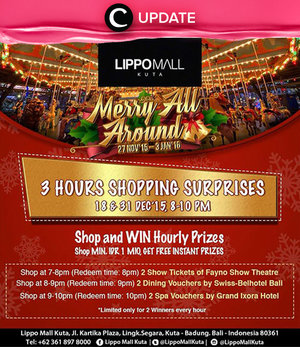 Ada kejutan belanja tiga jam nih di Lippo Mall Kuta, Bali pada 31 Desember 2015! Dapatkan hadiah langsung yang berbeda pada tiap jam-nya. Jangan lewatkan info seputar acara dan promo dari brand/store lainnya di sini bit.ly/ClozetteUpdates