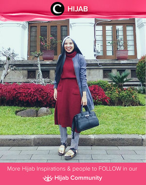 Red dress, long bomber jacket, and stripes pants. It definitely tells everything about her style. Simak inspirasi gaya Hijab dari para Clozetters hari ini di Hijab Community. Image shared by Star Clozetter: @putmaharani. Yuk, share juga gaya hijab andalan kamu 