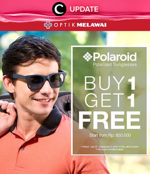 Beli item brand Polaroid di Optik Melawai bisa mendapat promo buy 1 get 1 mulai harga Rp850.000! Promo ini berlaku hingga 5 September 2016 saja, lho. Jangan lewatkan info seputar acara dan promo dari brand/store lainnya di Updates section pada Clozette App.