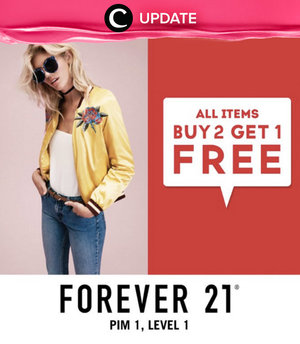 Beli 2 gratis 1 di Forever 21 Pondok Indah Mall lantai 1. Promo ini hanya sampai 6 November 2016 so grab it fast! Jangan lewatkan info seputar acara dan promo dari brand/store lainnya di Updates section.