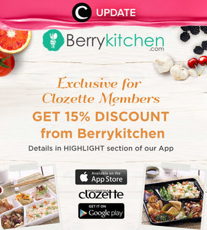 Download Clozette app untuk mendapat diskon 15% dari BerryKitchen! Klik di sini untuk download http://bit.ly/app-clozetteupdate. Jangan lewatkan info seputar acara dan promo dari brand/store lainnya di sini http://bit.ly/ClozetteUpdates