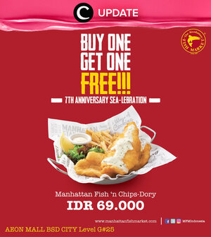 Merayakan ulang tahun ke-7, ada promo menarik lho dari Mahattan Fish Market! Ada promo buy one get one untuk pembelian Mnahattan Fish 'n Chips Dory seharga Rp69.000! Promo ini berlaku 10 Desember 2016 di AEON Mall BSD City. Jangan lewatkan info seputar acara dan promo dari brand/store lainnya di Updates section.