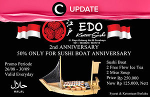 Merayakan 2nd anniversary Edo Kaitu Sushi, kamu bisa dapatkan diskon hingga 50% untuk paket sushi boat! Promo ini berlaku hingga 30 September 2016. Jangan lewatkan info seputar acara dan promo dari brand/store lainnya di Updates section pada Clozette App.
