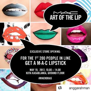 #Repost @anggarahman with @repostapp
・・・
Mau dapat lipstick dari M•A•C? Tersedia 200 lipstick GRATIS khusus buat kamu. Datang ke opening M•A•C di Kota Kasablanka tanggal 19 May 2017, jam 10 pagi sampai jam 2 siang! Don't miss it! #MACKokas

#maccosmetics #ivgbeauty #indobeautygram #beautynesiamember #clozette #clozetteid #beautyjunkie #beautyjunkies #lipart #instamakeupartist #makeupporn #makeuppower #beautyaddict #fotd #motd #eotd #makeuptutorial #beautyenthusiast  #makeupjunkie #makeupjunkies #beautyvlogger #like4like #instafollow #instalike #instadaily