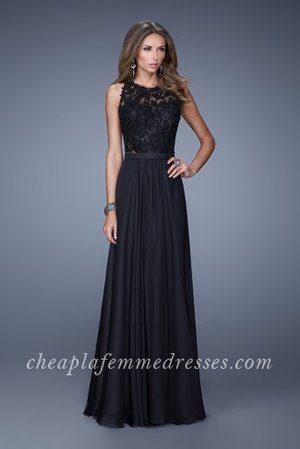 Elegant La Femme Style 20638 Prom Dress Features a Halter Neckline, Stunning Jeweled Sheer Lace Neckline, Bodice and Back Straps, Open Back, and Floor Length Chiffon Skirt. Perfect for 2015 Prom Dress, Holiday Dress, Winter Formal Dress, or Special Occasion Dress.
 
Size: Standard Size or Custom Made Size
Closure: Back Zipper, Top Clasp
Details: Lace Bodice, Open Back
Fabric: Chiffon
Length: Long
Neckline: Scoop
Waistline: Natural
Color: Black
Tag: Black,Long,Scoop,Prom Dresses,La Femme 20638