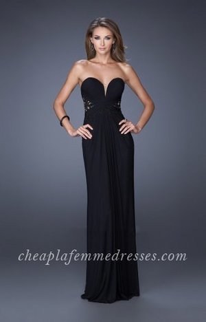 We are in love with this La Femme 19889 gown! This dress has a sweetheart neckline, a ruched bodice, and a sexy, mesh and lace back. This gown is just gorgeous and will be beautiful on you at your next formal event! This dress is perfect as a Homecoming Dress, Wedding Guest Dress, Prom Dress, or a Special Occasion Dress.
 
Size: Standard Size or Custom Made Size
Closure: Back Zipper
Details: Ruching, Jeweled Lace Appliques 
Fabric: Net
Length: Long
Neckline: Strapless Sweetheart
Waistline: Natural
Color: Black
Tag: Black,Long,Strapless,Prom Dresses,La Femme 19889