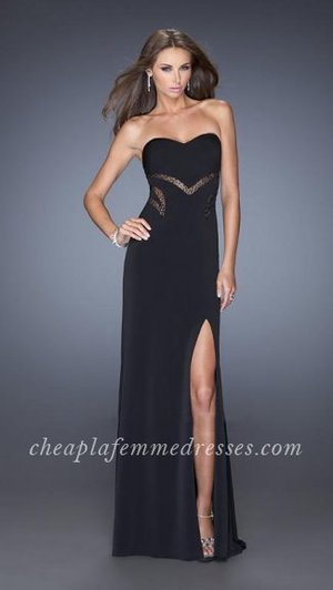 Fitted jersey gown with a side slit and sweetheart neckline. Net and jewel cut outs accentuate the sides and waistline of the dress. Side zipper closure.

Length:Full Length;
Style:A Line,Strapless,Side Split
Event:Prom,Homecoming,Evening
Tag: Homecoming Dresses, Prom Dresses, La Femme 20152