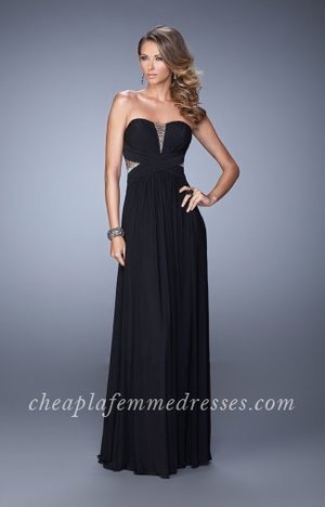 Make a lasting impression in La Femme 21483. This sassy evening gown features a strapless and flattering neckline with sheer inset at center front. Iridescent stones accent the sheer cutout on the sides that lead the back. Crisscross ruching wraps the midriff. A floor-length skirt finishes this breath-taking creation. Perfect for 2015 Prom Dress, Holiday Dress, Winter Formal Dress, or Special Occasion Dress.
 
Size: Standard Size or Custom Made Size
Closure: Side Zipper
Details: Sheer Beaded Back
Fabric: Net Jersey
Length: Long
Neckline: Strapless
Waistline: Natural
Color: Black 
Tag: Black,Long,Strapless,Prom Dresses,La Femme 21483