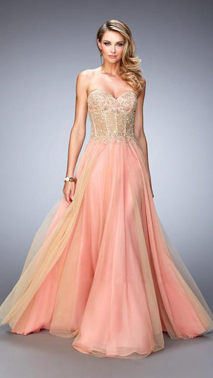 Elegant net gown with sheer midriff and sweetheart neckline. The bodice is embellished with boning and gold sequined lace. Back zipper closure. Size: Standard Size or Custom Made SizeClosure: Back ZipperDetails: SequinFabric: JerseyLength: LongNeckline: StraplessWaistline: NaturalColor: CoralNudeTag: CoralNude, Long, Strapless, Evening Dresses, La Femme 22331