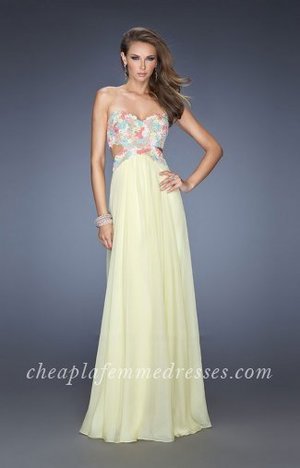 Beautiful La Femme Style 20059 Prom Dress Features a Sweetheart Neckline, Sexy Side Cutout Waistline, Jeweled Muti Colored Lace Bodice, and Flowy Long Chiffon Skirt. This Strapless Lace Dress is perfect for Prom Dress, Evening Dress, Cocktail Dress, Homecoming Dress, Winter Formal Dress, or Reception Dress.
 
Size: Standard Size or Custom Made Size
Closure: Back Zipper
Details: Embellished Bust, Open Back, Side Cut Outs
Fabric: Chiffon, Lace
Length: Long
Neckline: Strapless Sweetheart
Waistline: Natural
Color: Lemon
Tag: Lemon,Long,Strapless,Prom Dresses,La Femme 20059