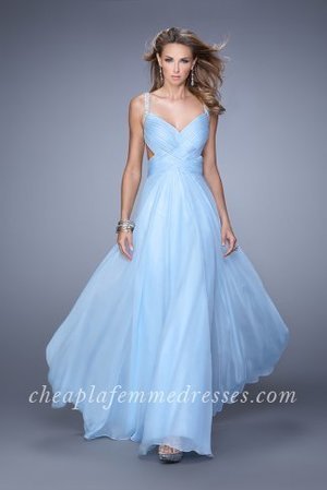 Gorgeous La Femme Style 21502 Prom Dress Features a V Neckline, Two Pearls Embellished Straps, Basket Weave Bodice, Crisscrossed Chiffon Straps, and Long Flowing Chiffon Skirt. Perfect for 2015 Prom Dress, Winter Formal Dress, Evening Dress, Homecoming Dress, Pageant Dress, or Special Occasion Dress.
 
Size: Standard Size or Custom Made Size
Closure: Side Zipper
Details: Open Back, Pearl Accented Straps
Fabric: Chiffon
Length: Long
Neckline: V-Neck
Waistline: Natural
Color: Cloud Blue
Tag: Cloud Blue,Long,V-Neck,Prom Dresses,La Femme 21502