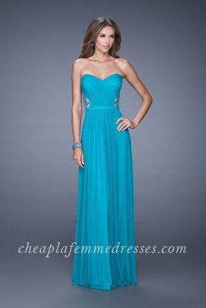La Femme Style 20718 Prom Dress Features a Sweetheart Neckline, Ruched Crisscross Bodice, Beaded Lace Sheer Side Panels and Back, and Floor Length Chiffon Skirt. Perfect for Prom Dress, Homecoming Dress, Holiday Dress, Winter Formal Dress, or Special Occasion Dress.
 
Size: Standard Size or Custom Made Size
Closure: Back Zipper
Details: Embroidered Back
Fabric: Jersey
Length: Long
Neckline: Strapless Sweetheart
Waistline: Natural
Color: Peacock
Tag: Peacock,Long,Strapless,Prom Dresses,La Femme 20718