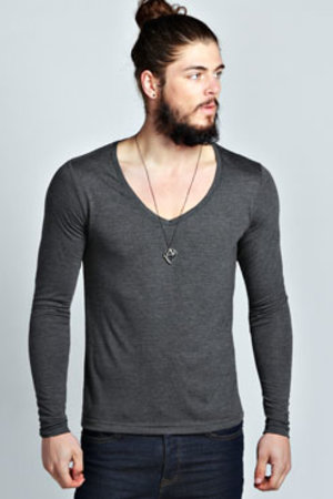 Basic Long Sleeve Deep V Neck T Shirt at boohoo.com