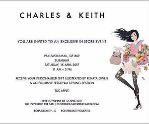 Hi ladies! You're invited to the Grand Opening of @charleskeithofficial at Pakuwon Mall tomorrow, 15th April 2017 at 11 AM - 3 PM and I will help you to choose and shop the collections. It's open for public so do Rsvp to the number above 😉
Last but not least, get your Personalized Gift illustrated by Renata Owen! See you there! 🙋🙋
#CHARLESKEITHCURATES #CHARLESKEITHSS17 #CHARLESKEITH_ID #clozetteid #eventsurabaya