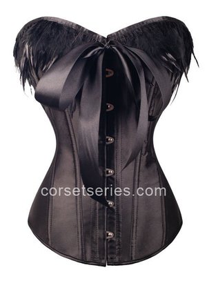 Favorable Black Satin Sweetheart Corset with Feathers and Bow Tie