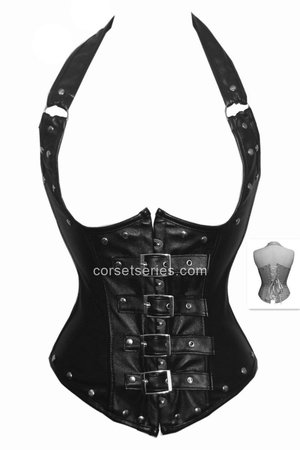 
Lovely Black Steel Boned Leather Underbust Corset Bustier Tops with Halter Strap