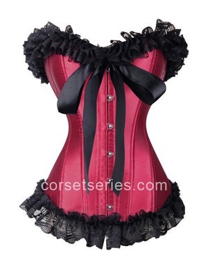 Burgundy Satin Overbust Corset With Steel Busk Front Closure Plastic Boning Bustier