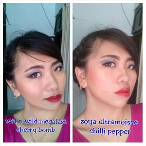 Bold lip again :)
Cherry bomb vs chilli pepper. Yg mana yg lebih bgus aku pakai? #lipstick #red #makeup #fullmakeup #wetnwild #zoya #clozetteid