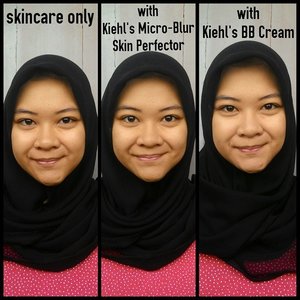 On the 1st pic, I apply toner, eye cream, moisturizer, and sunblock; hence the shine. But then when I apply Kiehl's Micro-Blur Skin Perfector on 2nd pic, poof! The shine is gone; all matte, Cap'n! Besides, it "blurs" out my gigantic pores (it might not visible, but i'll show you on the next picture). It also corrects the redness and discoloration on my nose and chin area. 
When I apply the BB Cream, it glides smoothly without any tug, have i mention that my skin feels super smooth afterwards? (Note that I didn't use any filter/smoother/Camera360 whatsoever, I only collage it and insert the text in PhotoGrid)
#kiehls #kiehlsid #kiehlsmicroblur #beautyreview #clozetteid