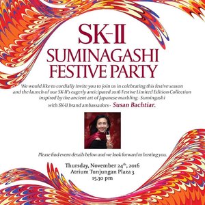 Hi Surabaya's Beauty enthusiast! There will be SK-II Christmas Party on 22-27 Nov 2016 at Sogo Plaza Tunjungan, and this opens for public so everyone can go! I will be there for SK-II Blogger party on 24 Nov (and Susan Bachtiar will be there on that day too!!!! So excited to meet her in person). This party was held in Jakarta before and I’m so excited when I know that SK-II will bring this to Surabaya too. You will learn more about Suminagashi – the inspiration of this year’s SK-II Festive Limited Edition.

There will also be a lot of interesting activities such as Suminagashi Workshop & Showcase, Interactive Session with Blogger, Makeup Challenge, Interactive Session with Blogger, #SOTD (Style Of The Day) Challenge at photo booth at the event. Prepare yourself and see you on @skii party!! #clozetteid #clozetteidxskii