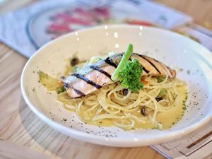 Grilled Yuzu Salmon Pasta 🍝 😋 #epicurosgrill #clozetteid