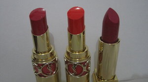 YSL lipsticks: Rouge Volupte Shine #6 Pink in Devotion; Rouge Volupte Shine #12 Corail Incandescent; Rouge Pur Couture #19 Fuchsia Pink