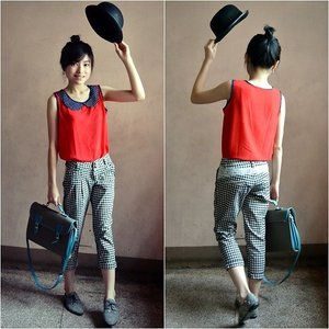 Black Hat |Red Top W/ Polka Dotted Peter Pan Collar|Checkered Cropped Pants|Vintage Satchel|Star-studded Brogues|#CIDPrintedPants