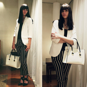 White Suit in Blazers |White Bag |Pinstripe Pants |Black Heels Arezzo in Heels|#CIDPrintedPants|
