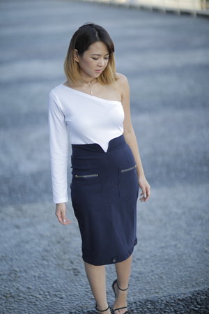 Open shoulder bodysuit with high-waist pencil skirt