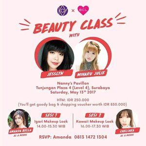 Hello there, Kay Road to Japan is coming to Surabaya!
Join our beauty class with @miharu.julie and @jesslynlyne at Nanny's Pavillon Tunjungan Plaza 13th May 2017, Tunjungan Plaza 4
You can learn more about Japan Makeup and be the first one to know more about Kay Road To Japan with BCL!
Only with IDR 250.000 for registration and you will also get goodie bags worth IDR 780.000

Inside the goodie bags!
you can get products from BCL, Koji Dolly Wink, Masami Shouko Kay & Dairy Queen vouchers and worth MORE than IDR 780.000

I WILL be there as a model on session 1 🙌🏻
It's Limited seats!!!!
Registration : Amanda (0813 1472 1304)
 #bclbrowlash #kaycollection #kayroadtojapan