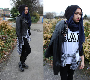Enchanted Scarves And Accessories Navy Hijab, Primark Bad T Shirt, River Island Grey And Blue Shirt, Asos Studded Leather Jacket, H&amp;M Black Skinny Jeans, Dr. Martens,River Island Beanie.